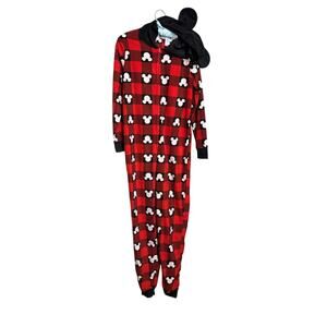 Disney 100 adult Mickey Mouse hood mouse ears one piece pajama black red Sz S